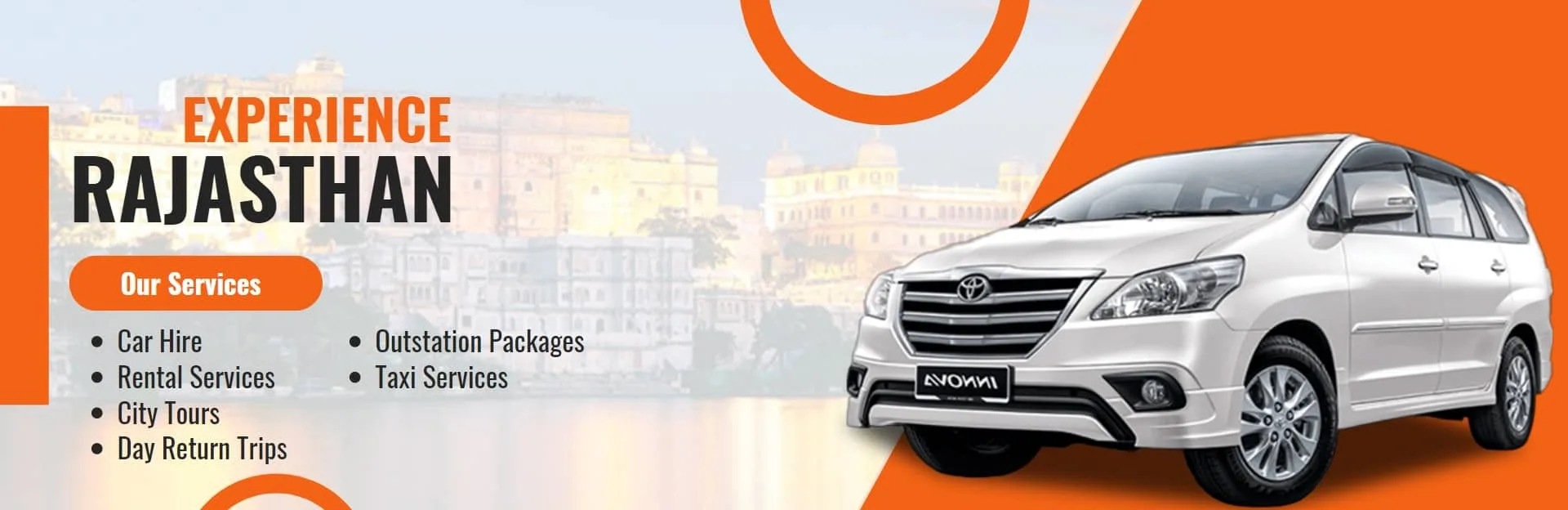 Promotional graphic for Rajasthan car rental services showing a white Toyota Innova and listing offerings like car hire, rental services, city tours, day return trips, outstation packages, and taxi services with a faint Udaipur cityscape background.